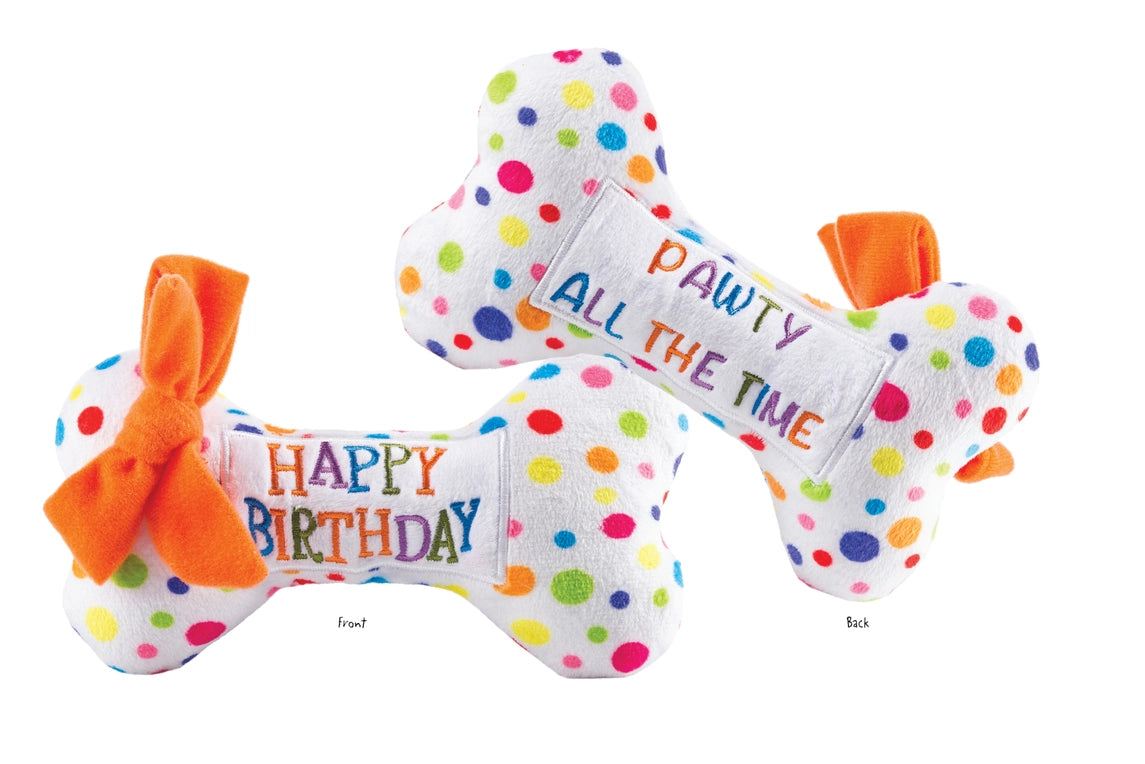 Happy Birthday Bone plush dog toy (squeaks!)