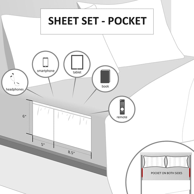 Sheet Set with Side Storage Pockets (Anti-Microbial, Toxin-Free)