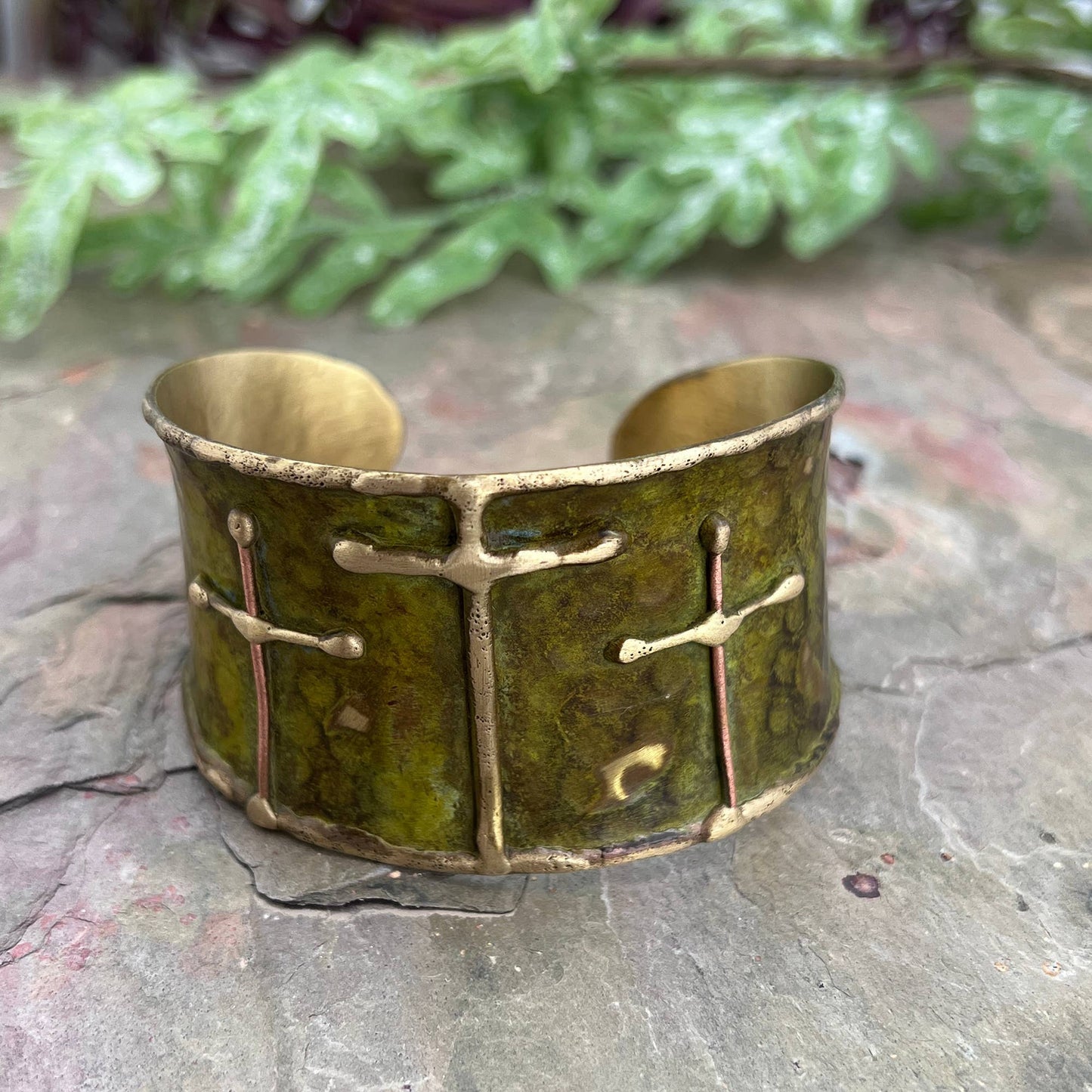 Brass Patina Cuff Bracelet -Green Crosses