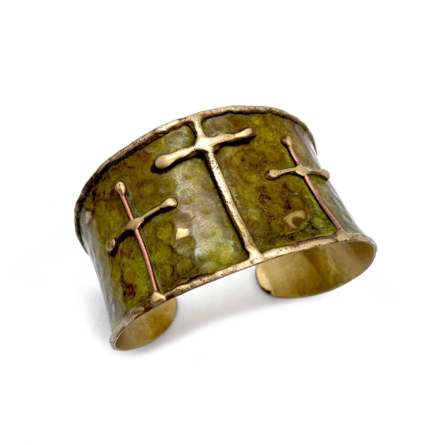 Brass Patina Cuff Bracelet -Green Crosses