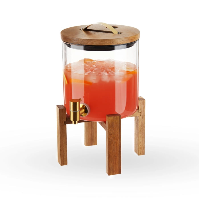 Acacia Wood + Glass Beverage Dispenser with Collapsable Stand