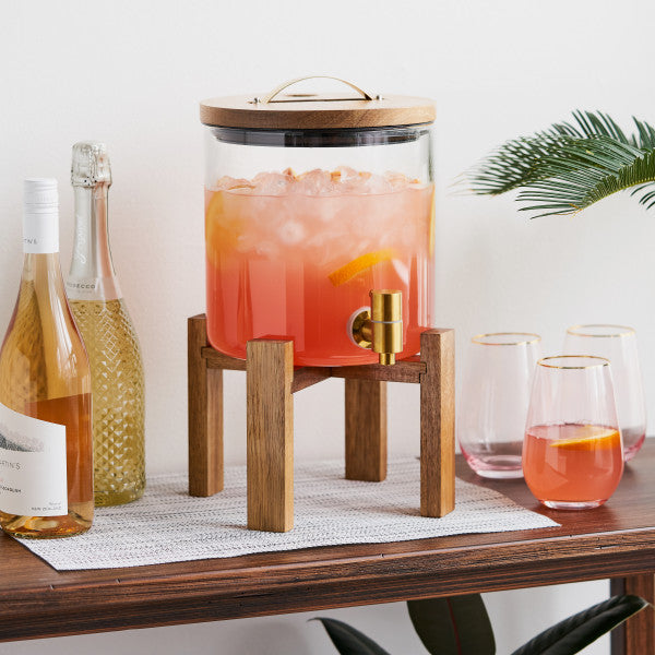 Acacia Wood + Glass Beverage Dispenser with Collapsable Stand