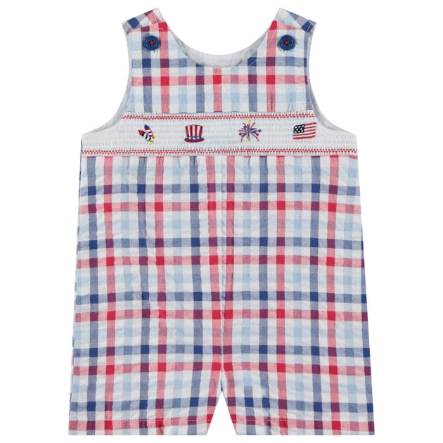 Boys Patriotic Seersucker Smocked Shortall