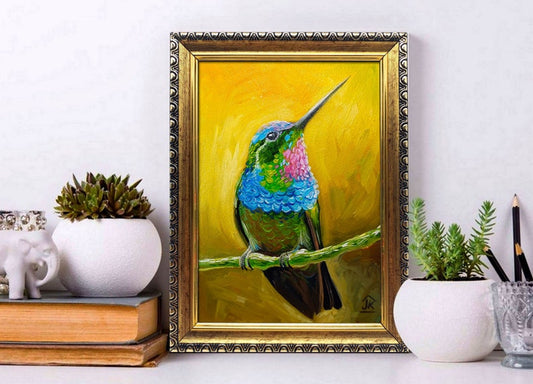 "Hummingbird on Branch" by Julia Kot, oil on panel (framed)