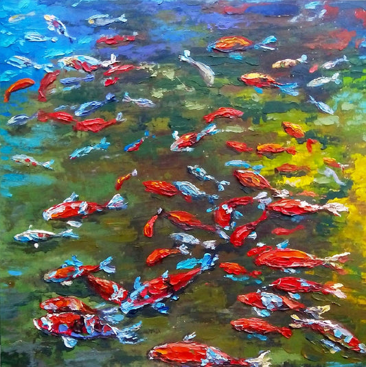 “Koi Fish in Pond” by Alena Santgor, oil on wood