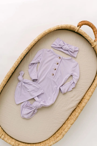 Knotted Newborn Sleeper Gown + Hat + Headband Set (lavender)