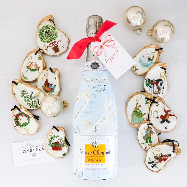 Gift Set | 12 Days of Christmas Oyster Shell Ornaments + Veuve Champagne