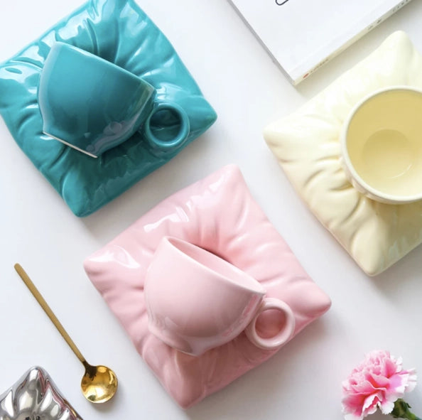 Ceramic Coffee Cups with Pillow-Shaped Saucers