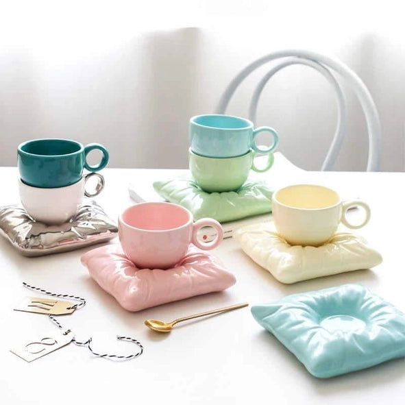 Ceramic Coffee Cups with Pillow-Shaped Saucers