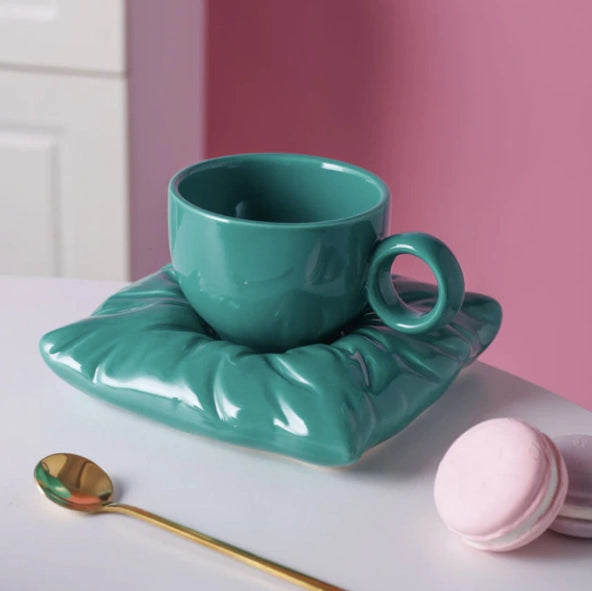 Ceramic Coffee Cups with Pillow-Shaped Saucers