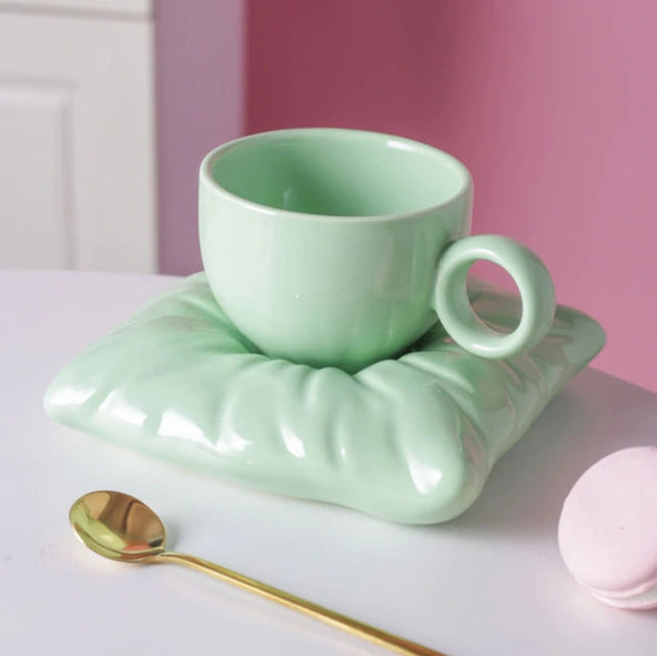 Ceramic Coffee Cups with Pillow-Shaped Saucers