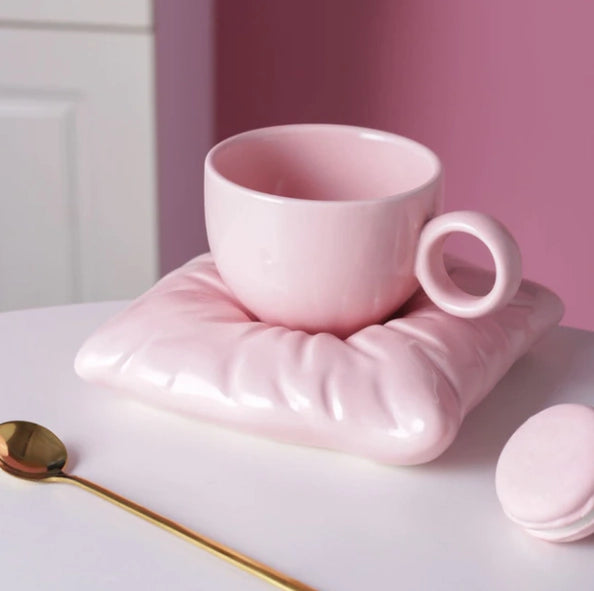 Ceramic Coffee Cups with Pillow-Shaped Saucers