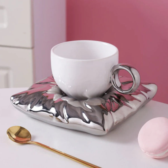 Ceramic Coffee Cups with Pillow-Shaped Saucers