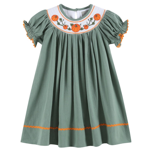 Sage Green Smocked Pumpkin Bishop Dress