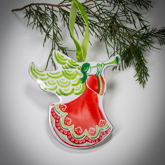 5" Red/Green Ceramic Angel Ornament