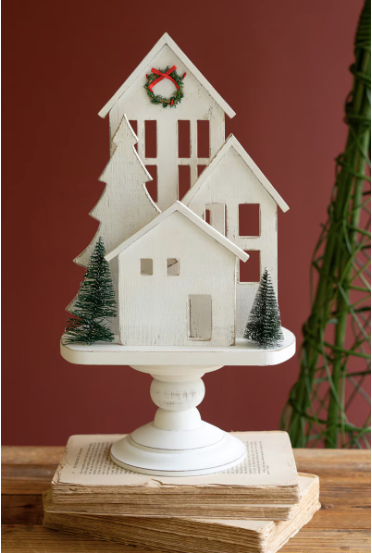 Wooden Christmas Village on a Pedestal