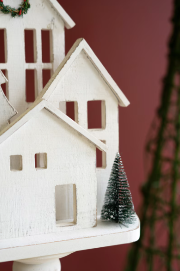 Wooden Christmas Village on a Pedestal