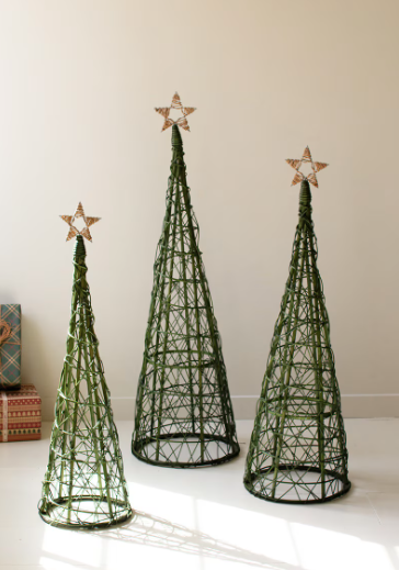 Green Willow Christmas Topiaries with Natural Star (Set of 3)