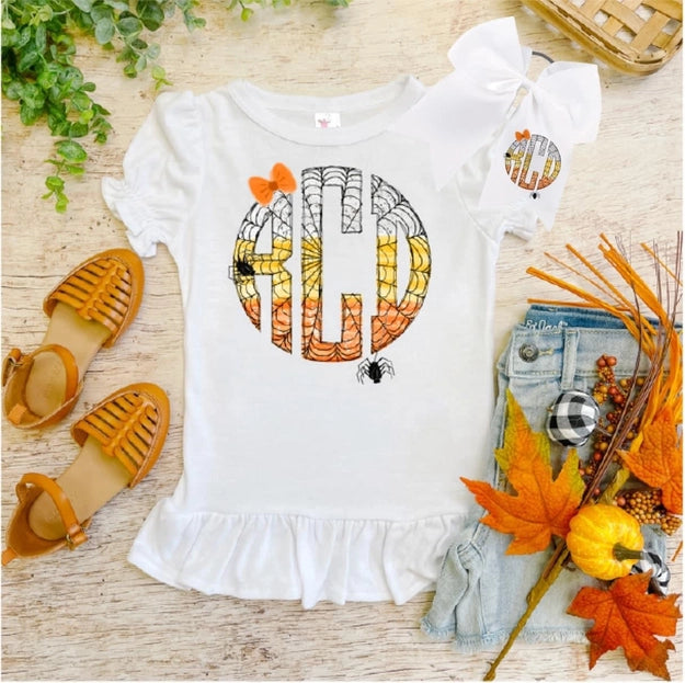 Candy Corn Spider Web Monogram Tee/Onesie + Bow