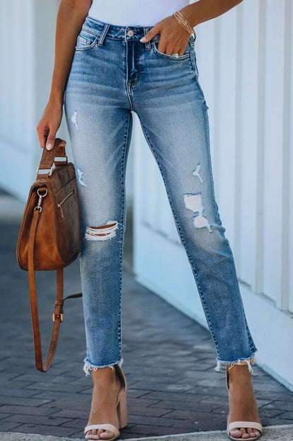 Straight Cut Ripped Denim Jeans