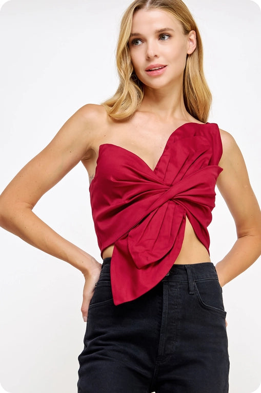 One Shoulder Knotted Bow Twist Crop Top (red)