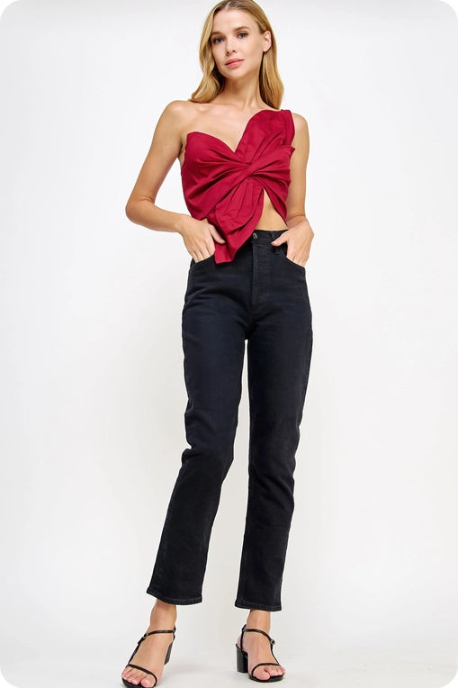 One Shoulder Knotted Bow Twist Crop Top (red)