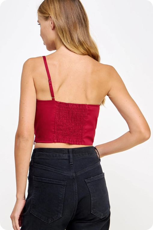 One Shoulder Knotted Bow Twist Crop Top (red)