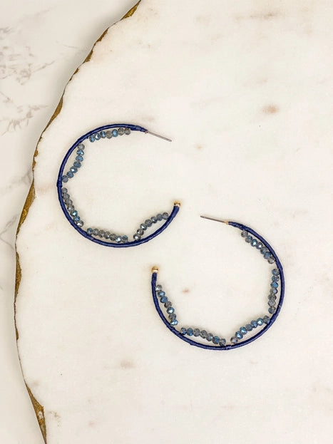 Crystal Bead-Trimmed Hoops - Navy