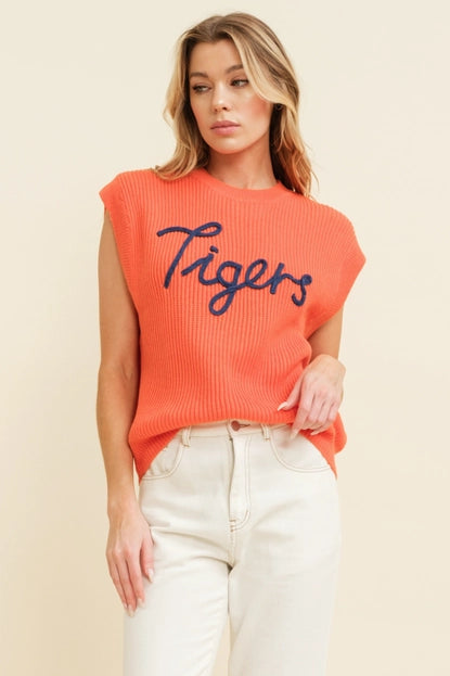 Embroidered Sleeveless Sweater Top - Tigers