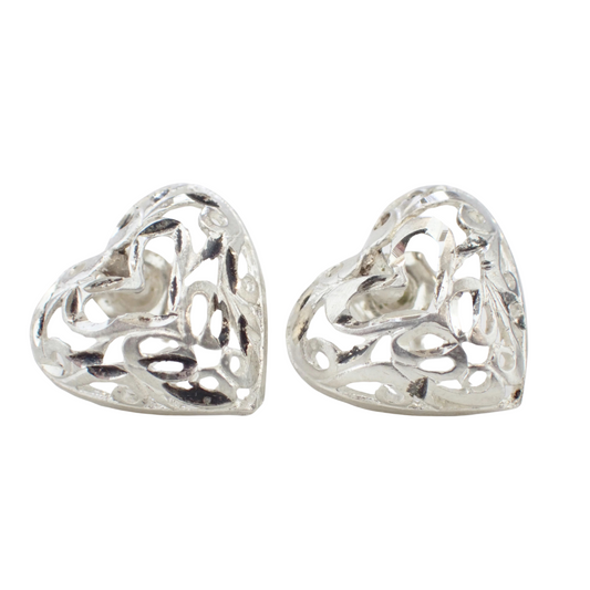 Sterling Silver Filigree Heart Stud Earrings (ready to ship!)
