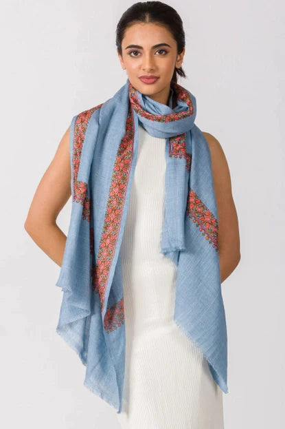 Hand-Embroidered All-Season Scarf/Wrap (Blue)