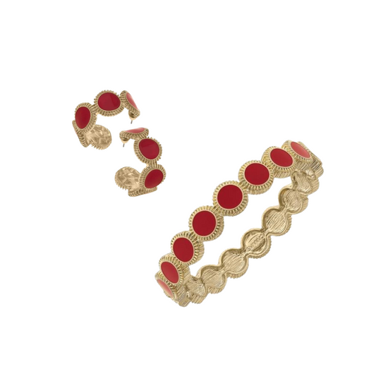 Bianca Dark Red + Gold Fluted Enamel Hoops with Matching Bangle