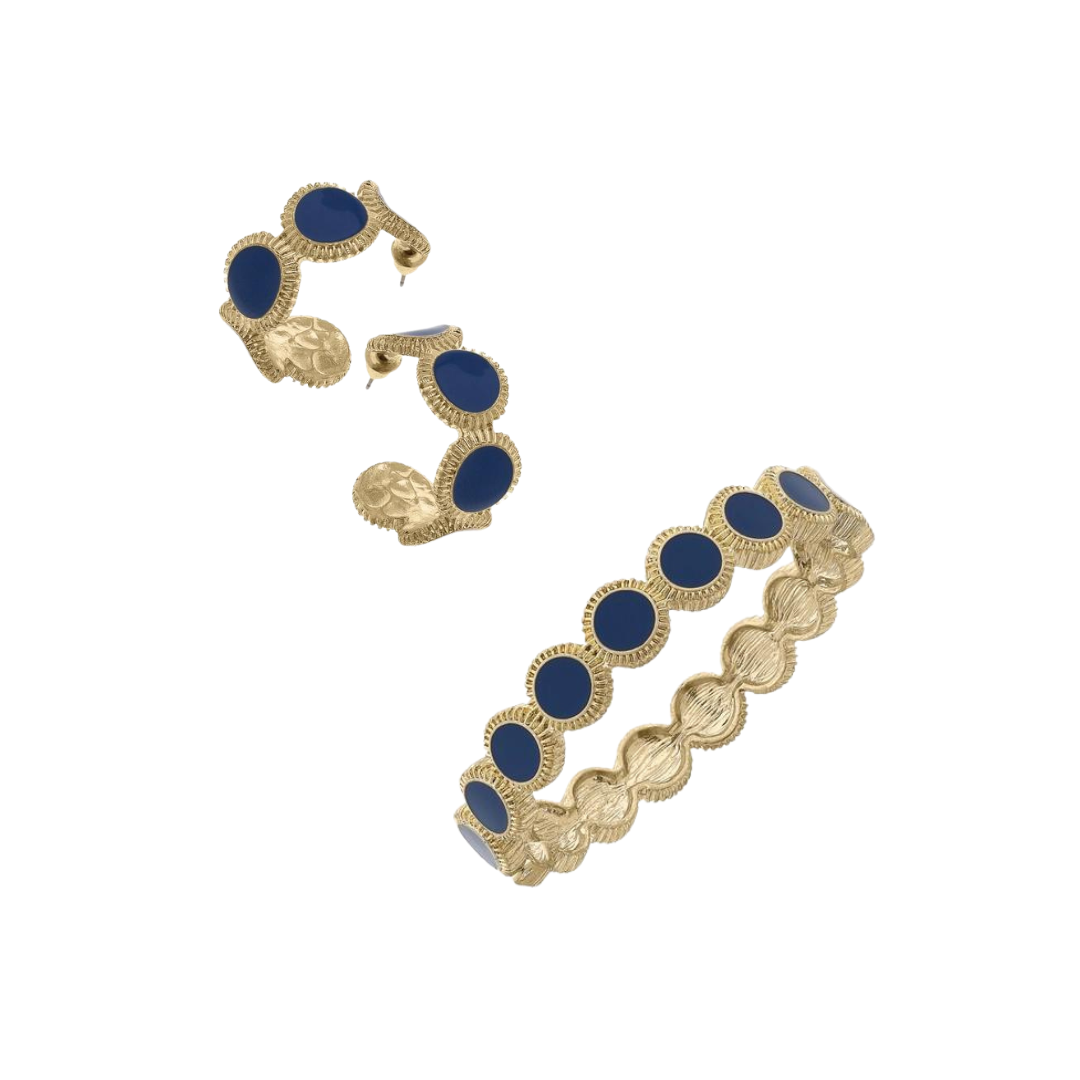 Bianca Fluted Gold + Dark Blue Enamel Hoops with Matching Bangle