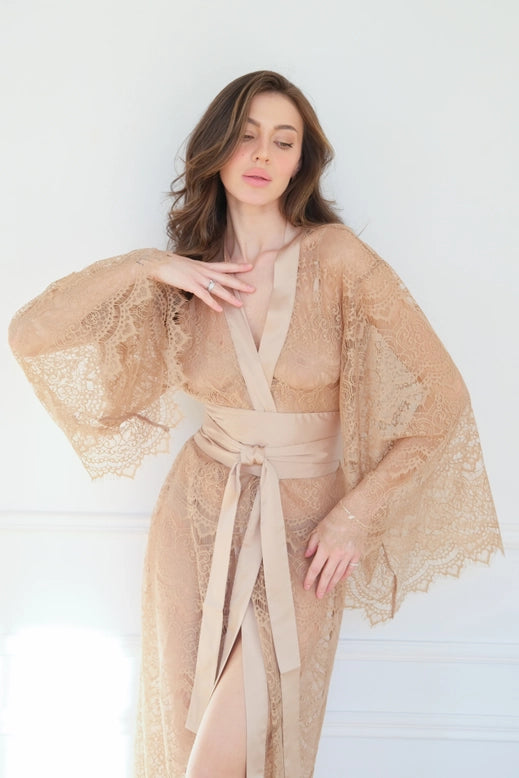 Satin-Lined Lace Kimono Bridal Dressing Gown