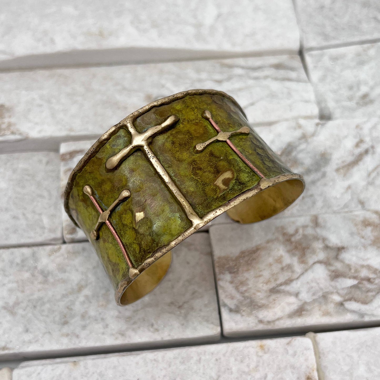 Brass Patina Cuff Bracelet -Green Crosses