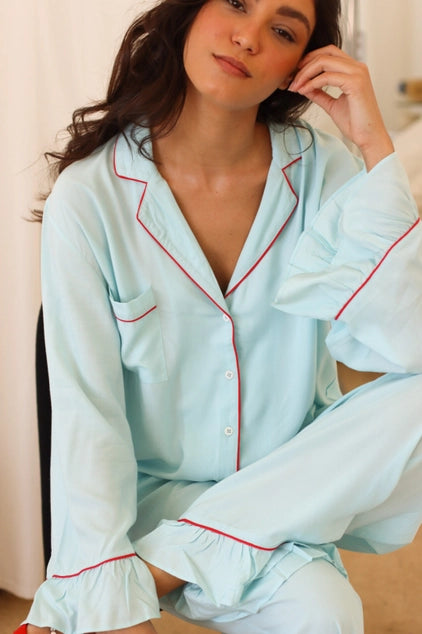 Day Naps Bamboo Pajama Set (Baby Blue/Red Piping)